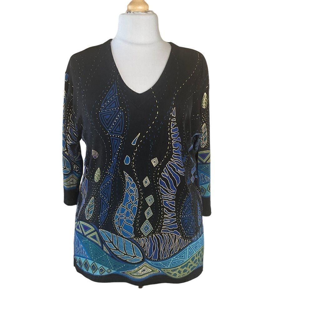 ATOC 3/4 Sleeve Pullover Knit Stretchy Blouse Aztec Print Size S/M